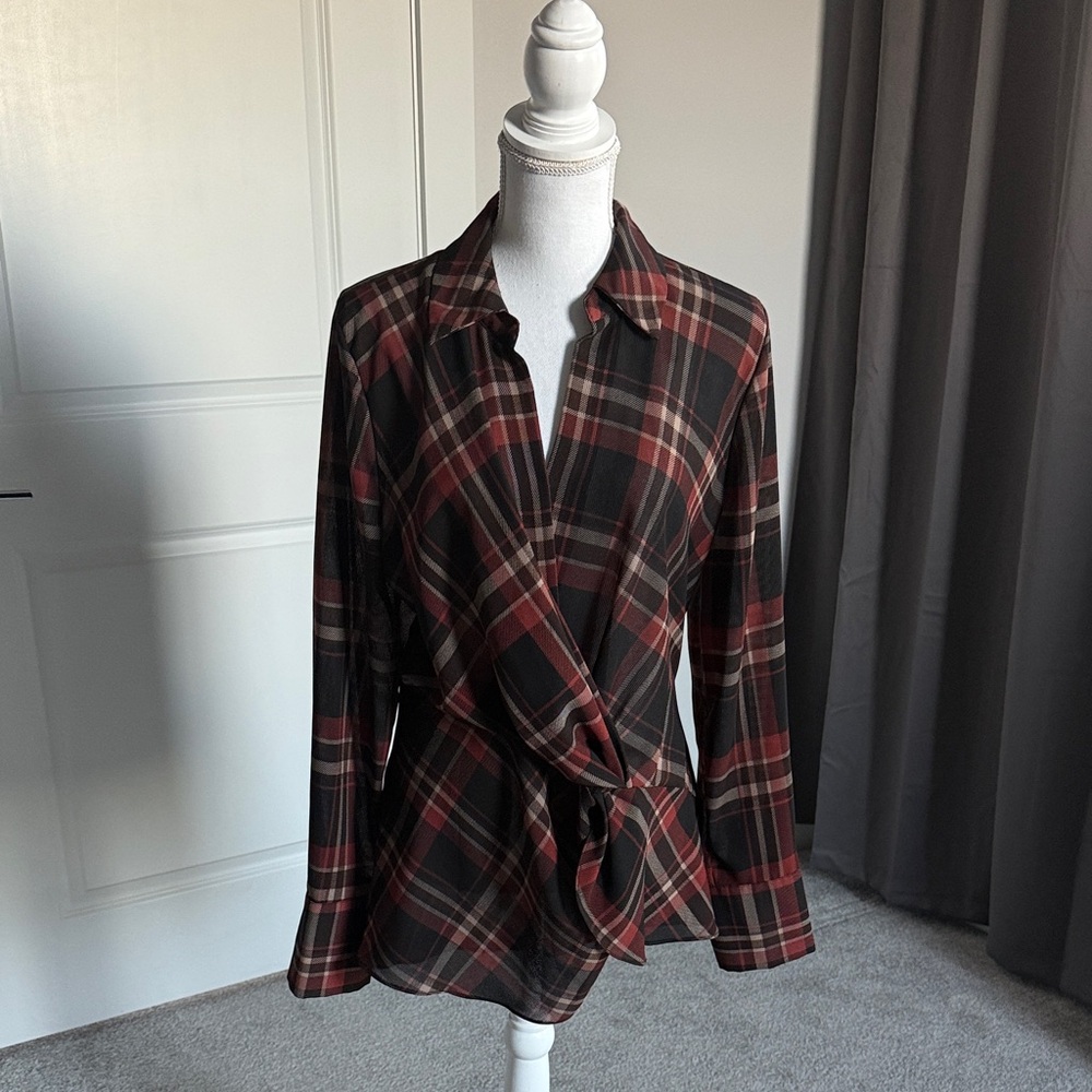 Laundry By Shelli Segal Plaid Wrap Blouse - Red and Black